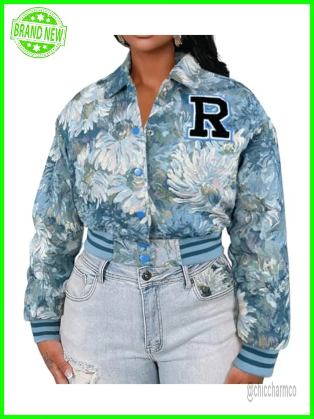 Cropped Bomber Jacket Women Floral Textured Varsity Letter Patch Snap Button